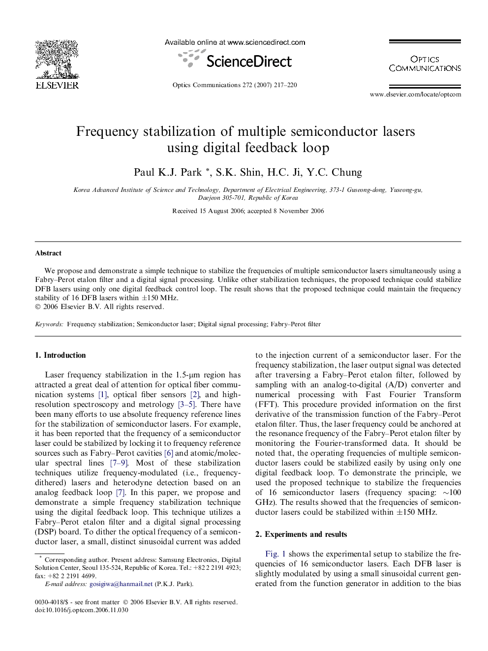 Frequency stabilization of multiple semiconductor lasers using digital feedback loop