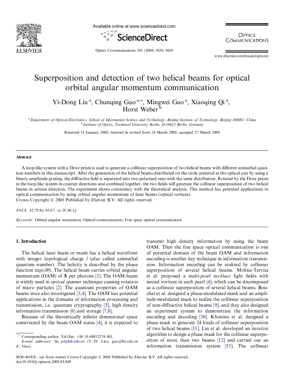 Superposition and detection of two helical beams for optical orbital angular momentum communication