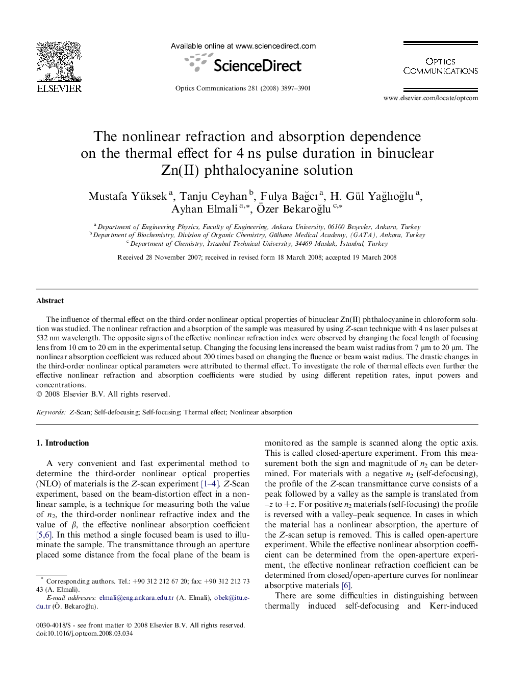 The nonlinear refraction and absorption dependence on the thermal effect for 4 ns pulse duration in binuclear Zn(II) phthalocyanine solution