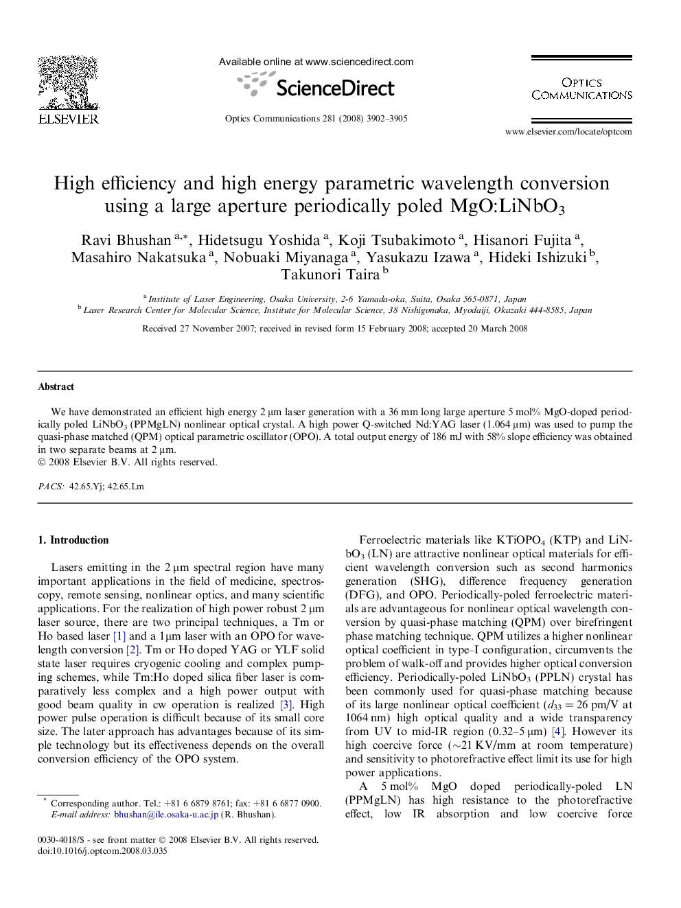 High efficiency and high energy parametric wavelength conversion using a large aperture periodically poled MgO:LiNbO3