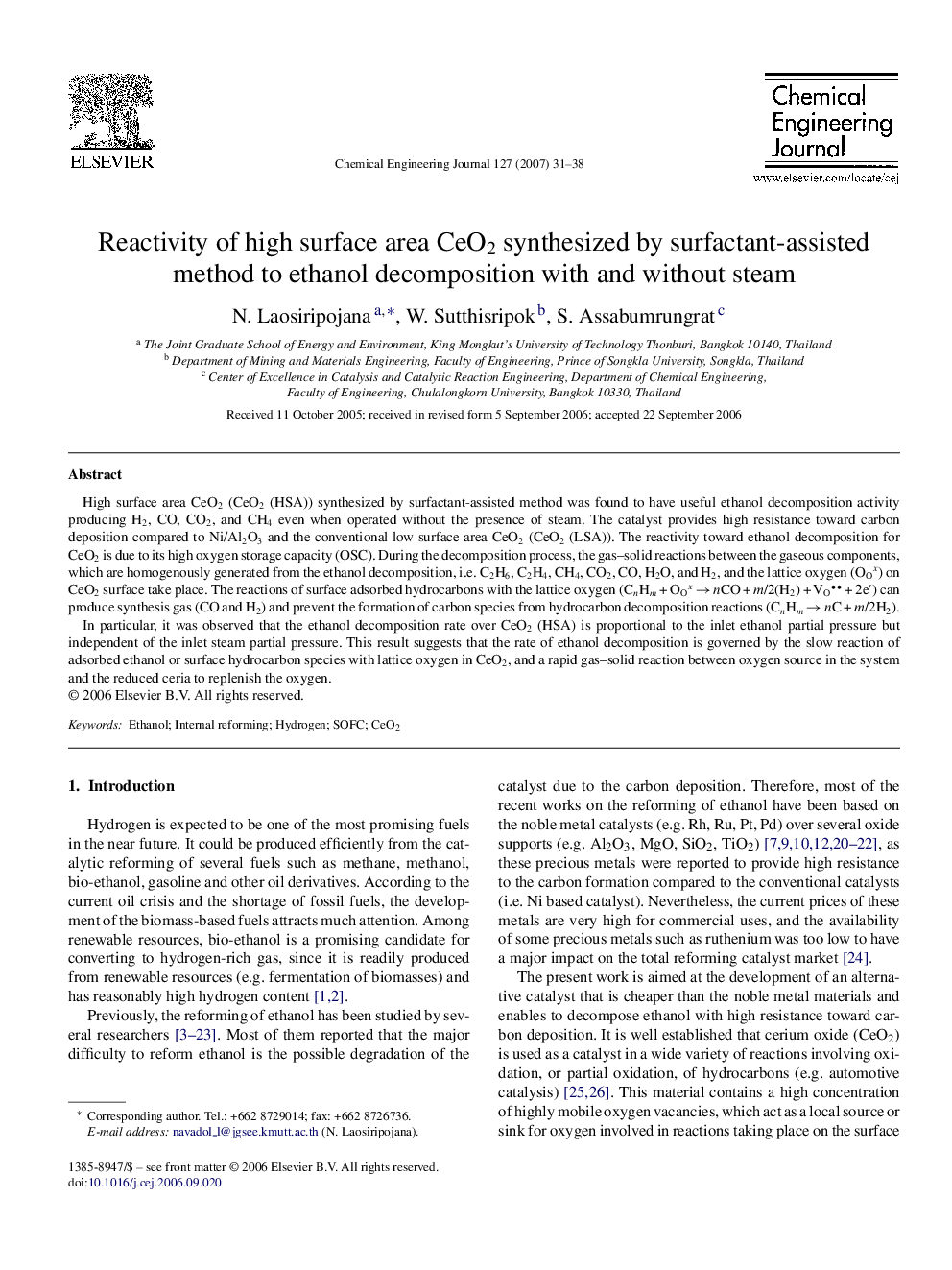 Reactivity of high surface area CeO2 synthesized by surfactant-assisted method to ethanol decomposition with and without steam