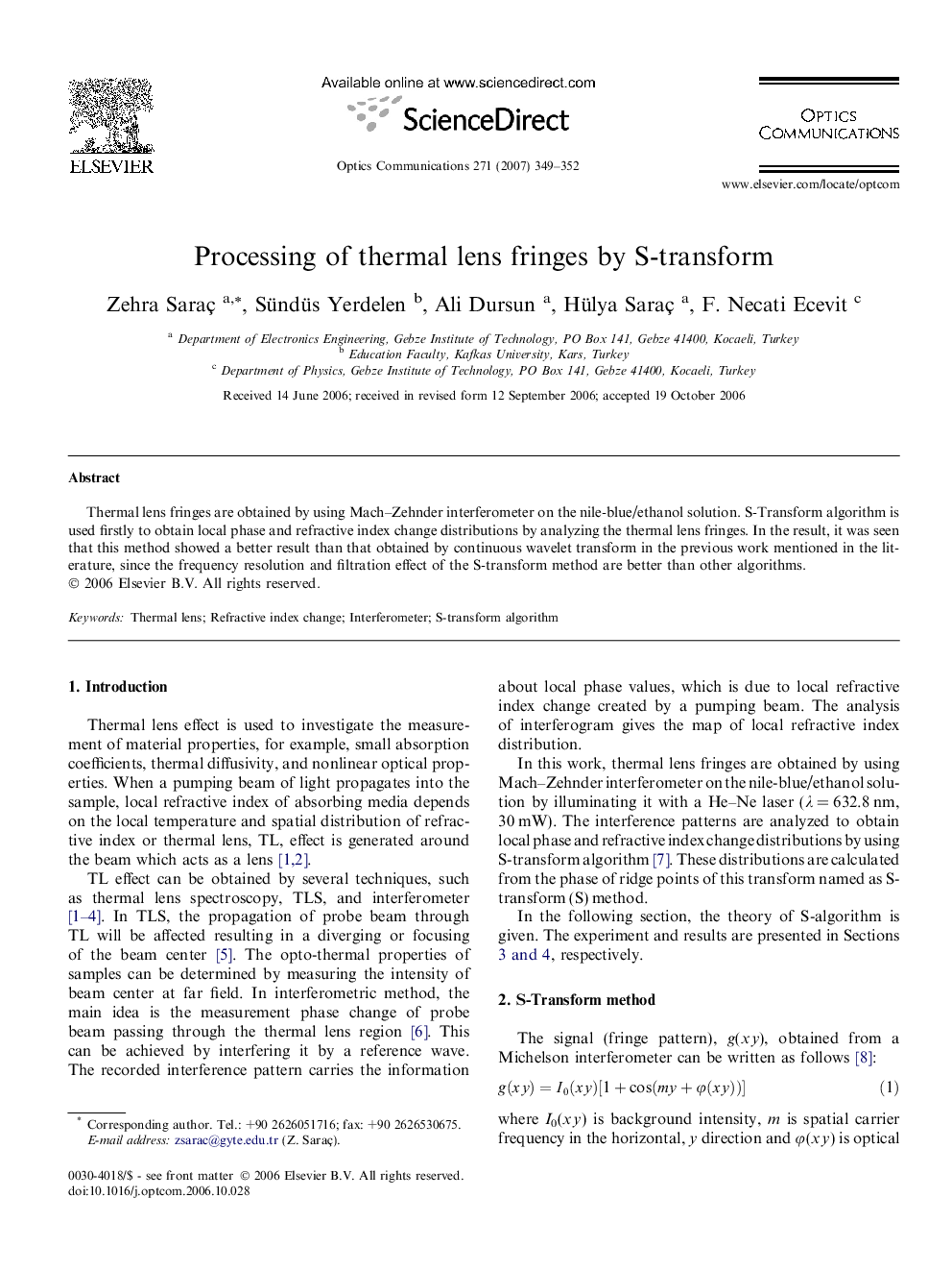 Processing of thermal lens fringes by S-transform