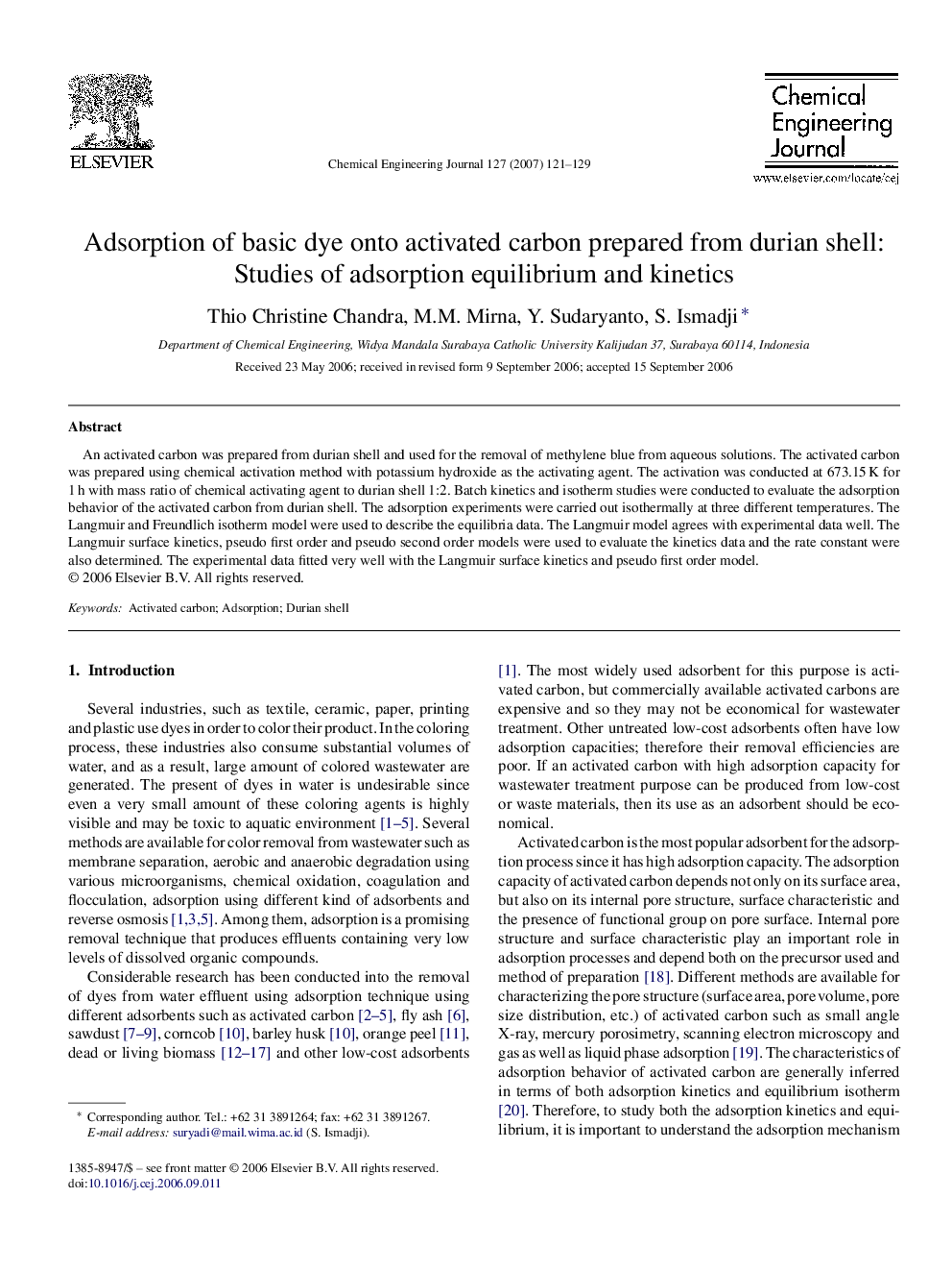 Adsorption of basic dye onto activated carbon prepared from durian shell: Studies of adsorption equilibrium and kinetics