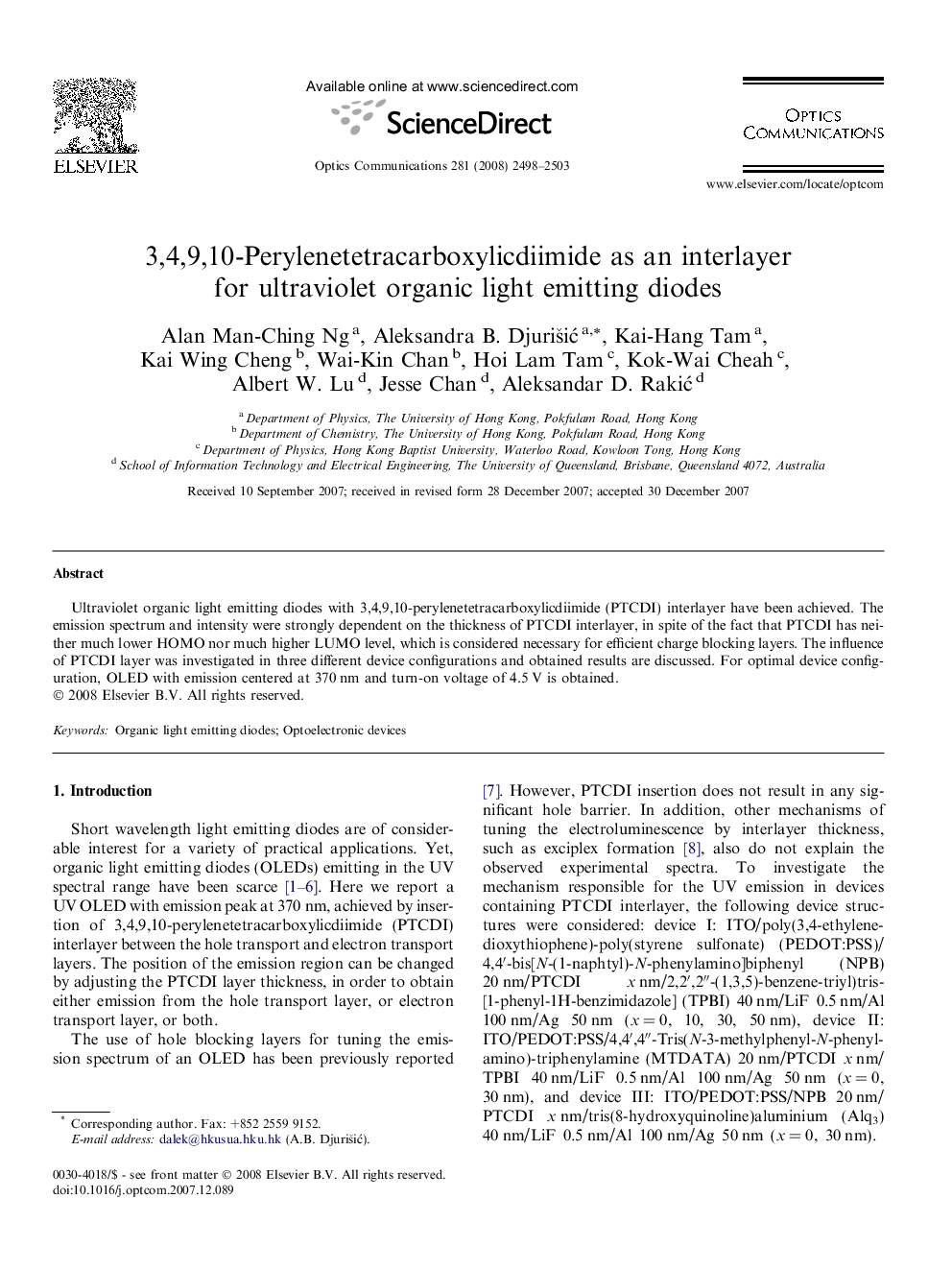 3,4,9,10-Perylenetetracarboxylicdiimide as an interlayer for ultraviolet organic light emitting diodes