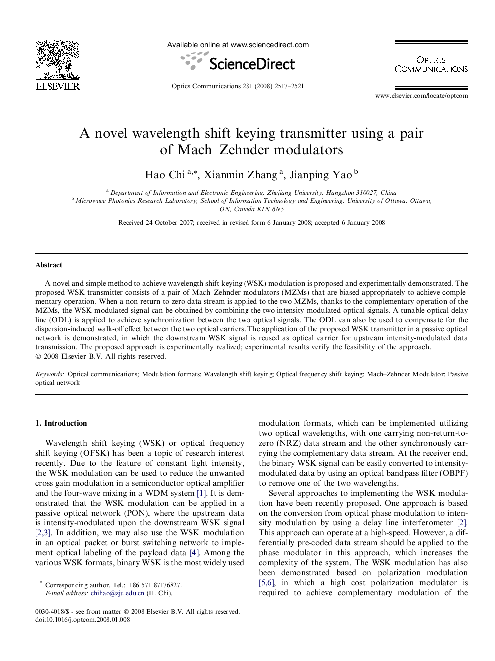 A novel wavelength shift keying transmitter using a pair of Mach-Zehnder modulators