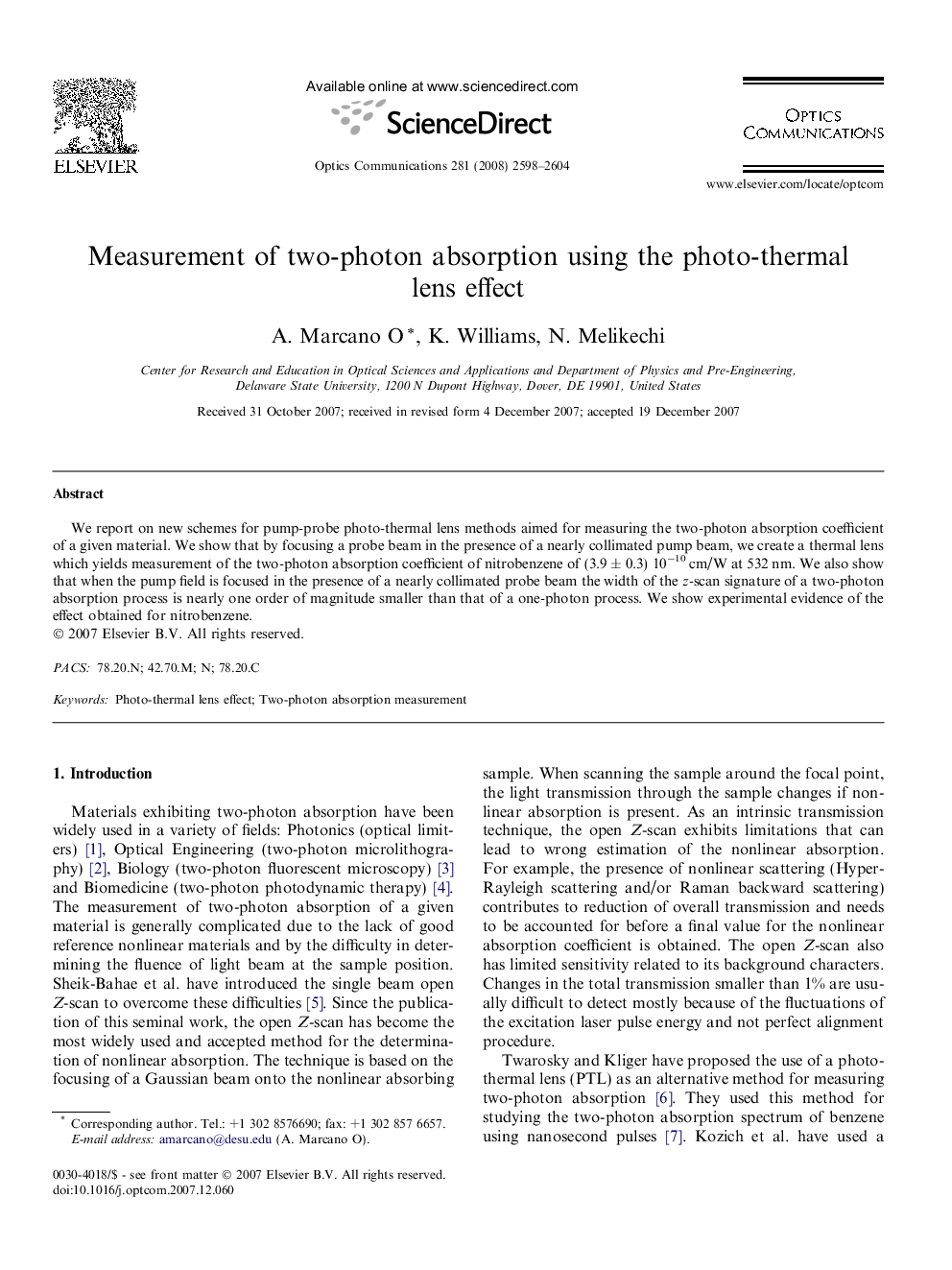 Measurement of two-photon absorption using the photo-thermal lens effect