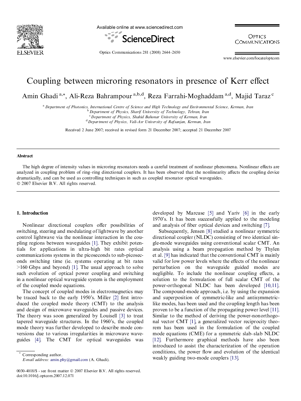 Coupling between microring resonators in presence of Kerr effect