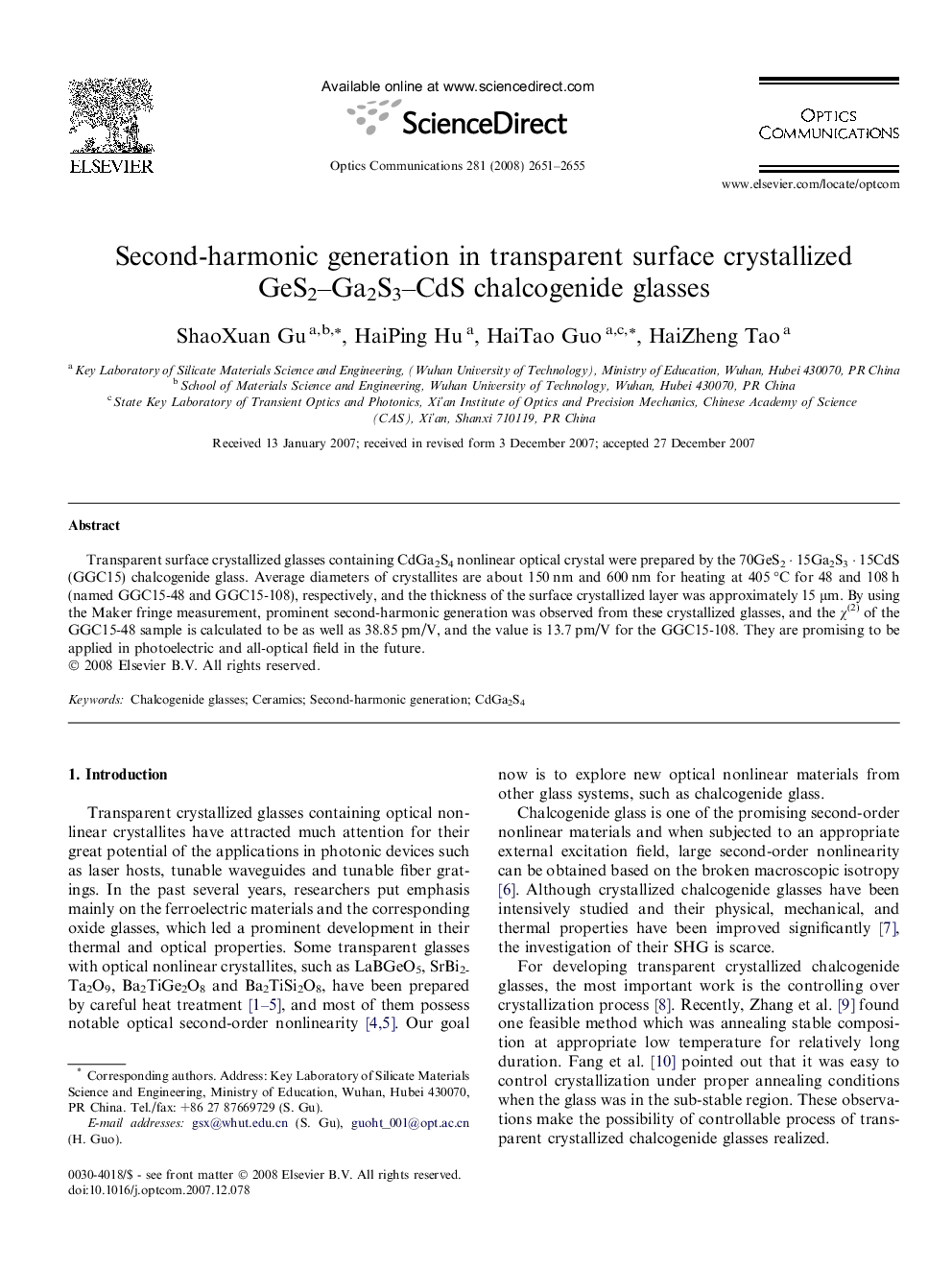 Second-harmonic generation in transparent surface crystallized GeS2–Ga2S3–CdS chalcogenide glasses