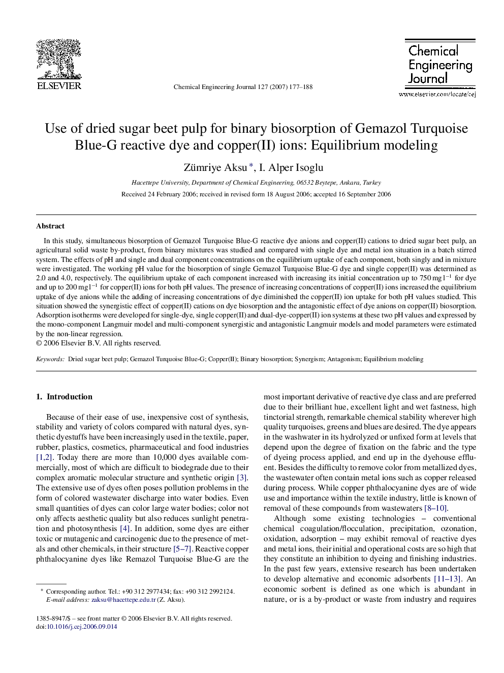 Use of dried sugar beet pulp for binary biosorption of Gemazol Turquoise Blue-G reactive dye and copper(II) ions: Equilibrium modeling