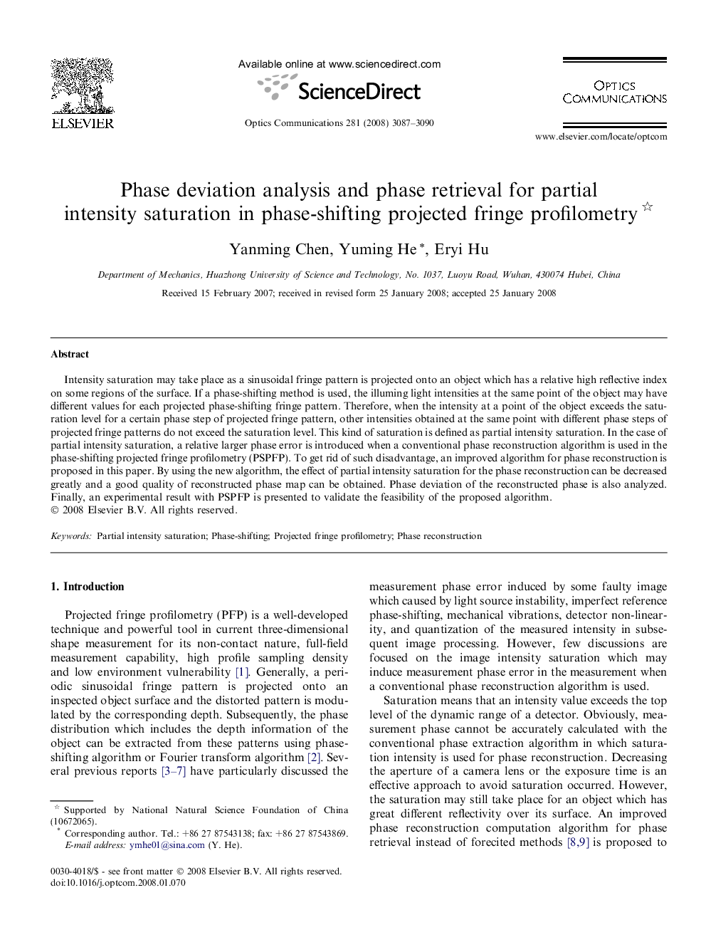 Phase deviation analysis and phase retrieval for partial intensity saturation in phase-shifting projected fringe profilometry 