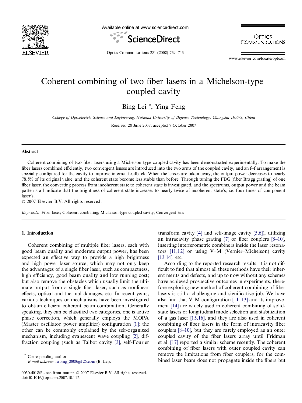 Coherent combining of two fiber lasers in a Michelson-type coupled cavity