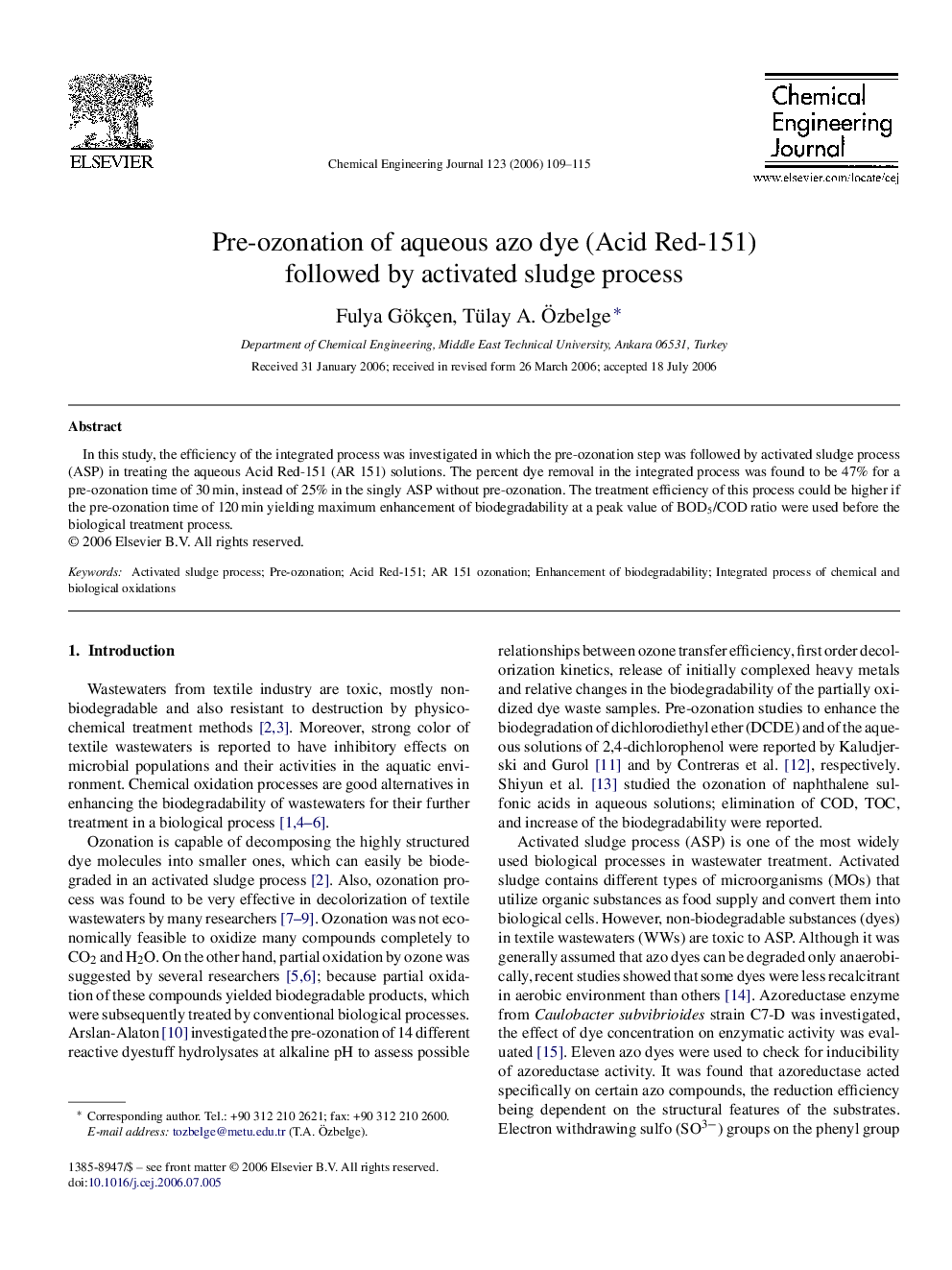 Pre-ozonation of aqueous azo dye (Acid Red-151) followed by activated sludge process