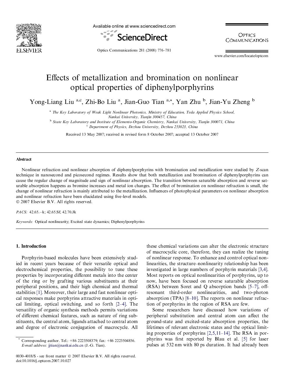 Effects of metallization and bromination on nonlinear optical properties of diphenylporphyrins