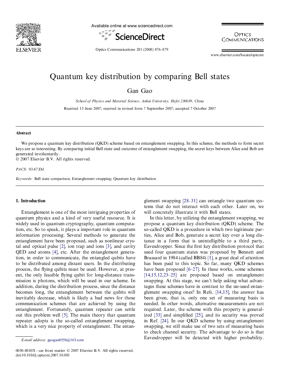 Quantum key distribution by comparing Bell states