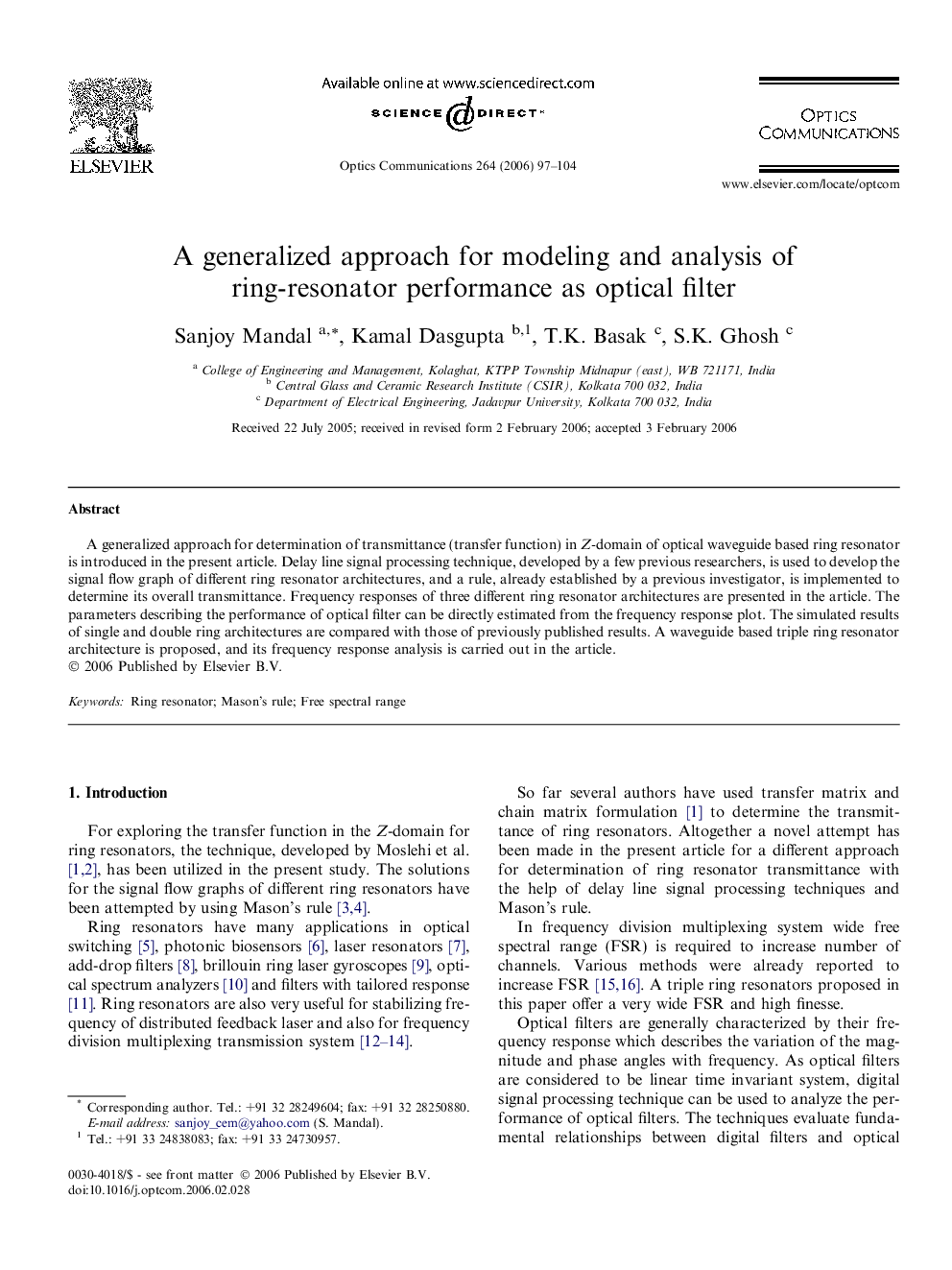 A generalized approach for modeling and analysis of ring-resonator performance as optical filter