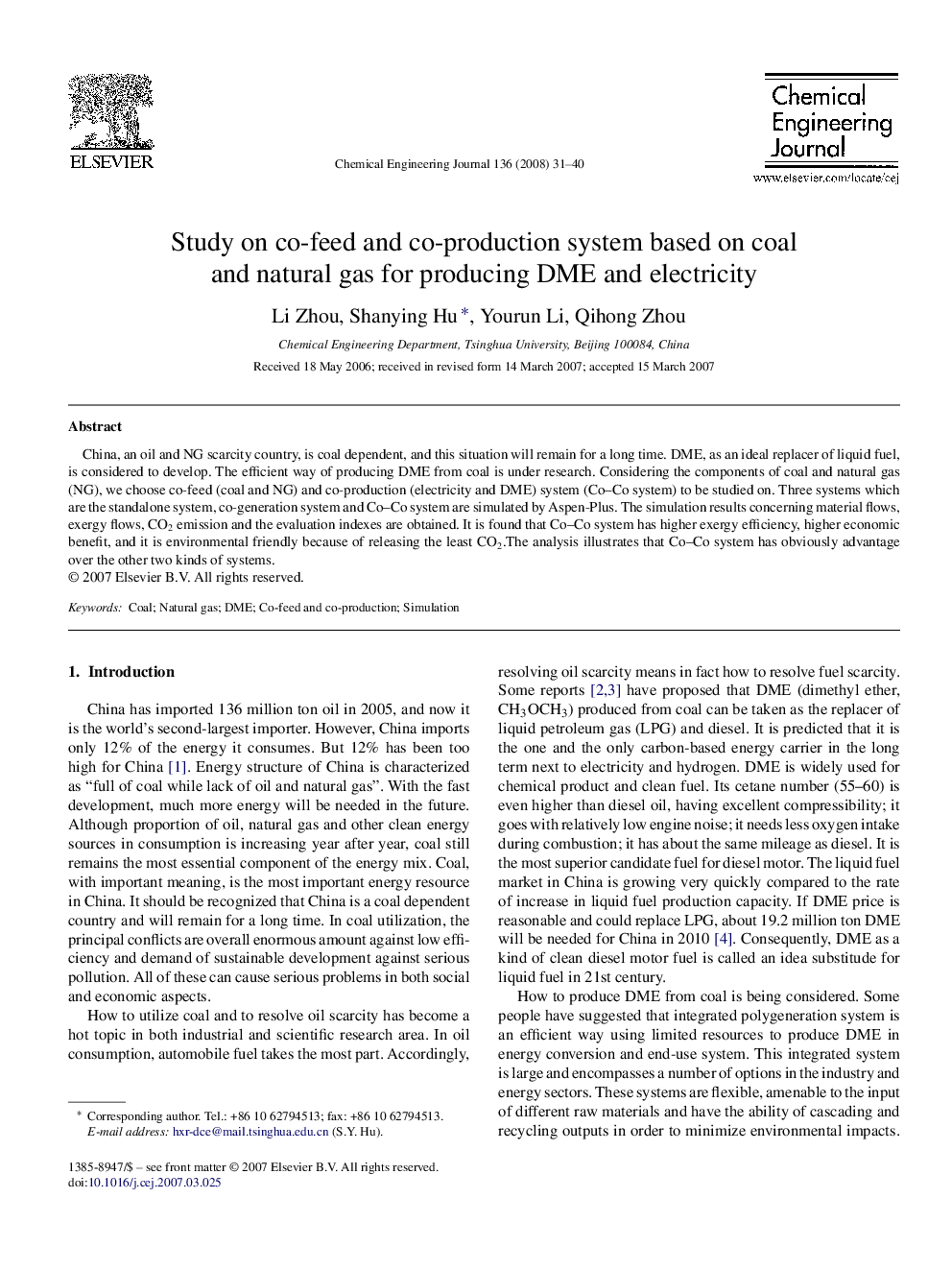 عکس صفحه اول مقاله: Study on co-feed and co-production system based on coal and natural gas for producing DME and electricity Study on co-feed and co-production system based on coal and natural gas for producing DME and electricity