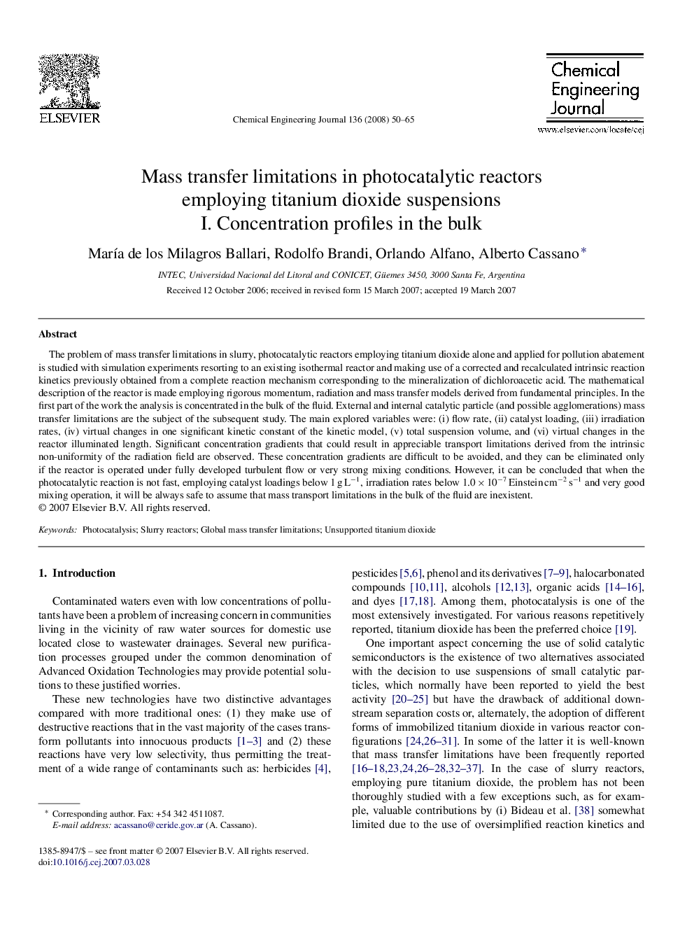 Mass transfer limitations in photocatalytic reactors employing titanium dioxide suspensions: I. Concentration profiles in the bulk