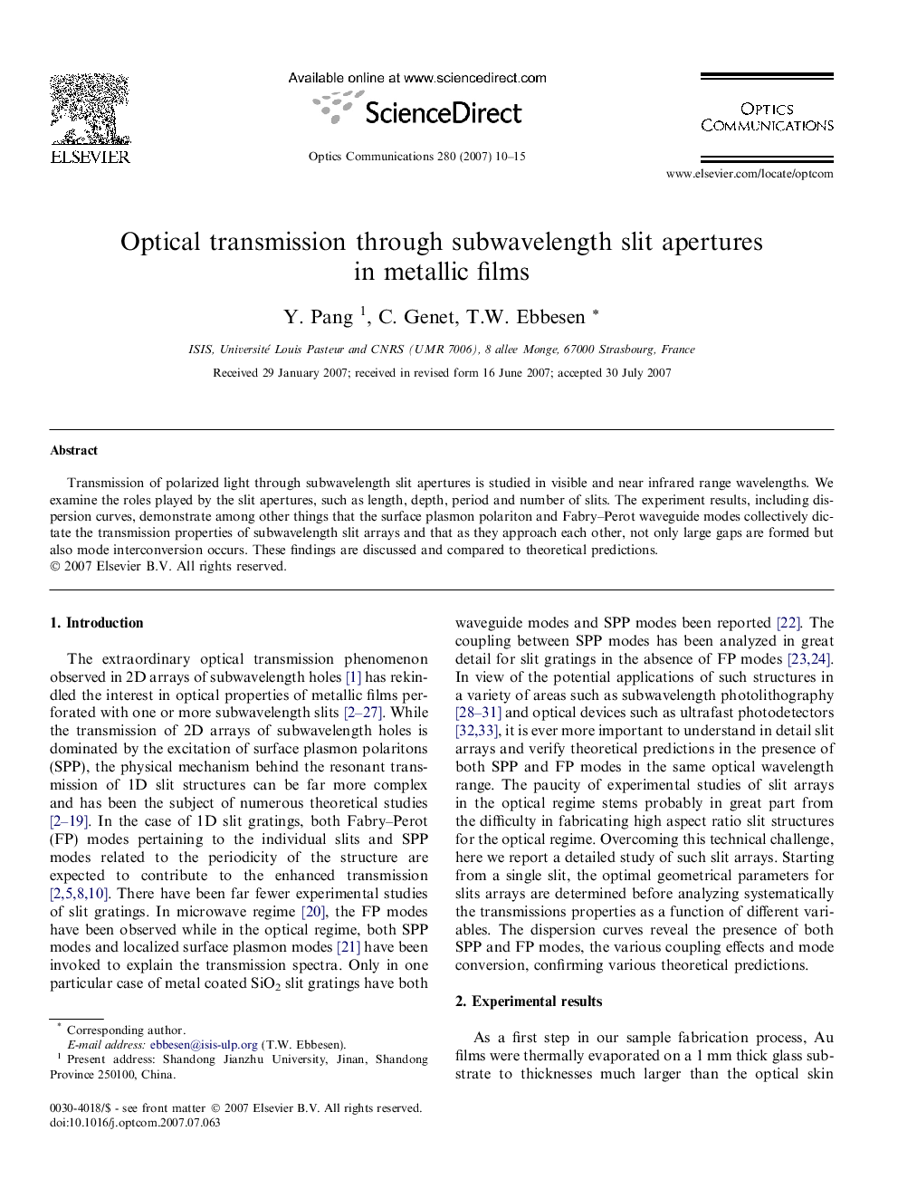 عکس صفحه اول مقاله: Optical transmission through subwavelength slit apertures in metallic films Optical transmission through subwavelength slit apertures in metallic films