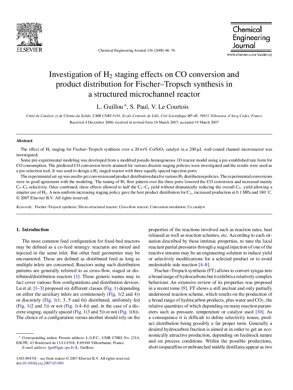 Investigation of H2 staging effects on CO conversion and product distribution for Fischer–Tropsch synthesis in a structured microchannel reactor