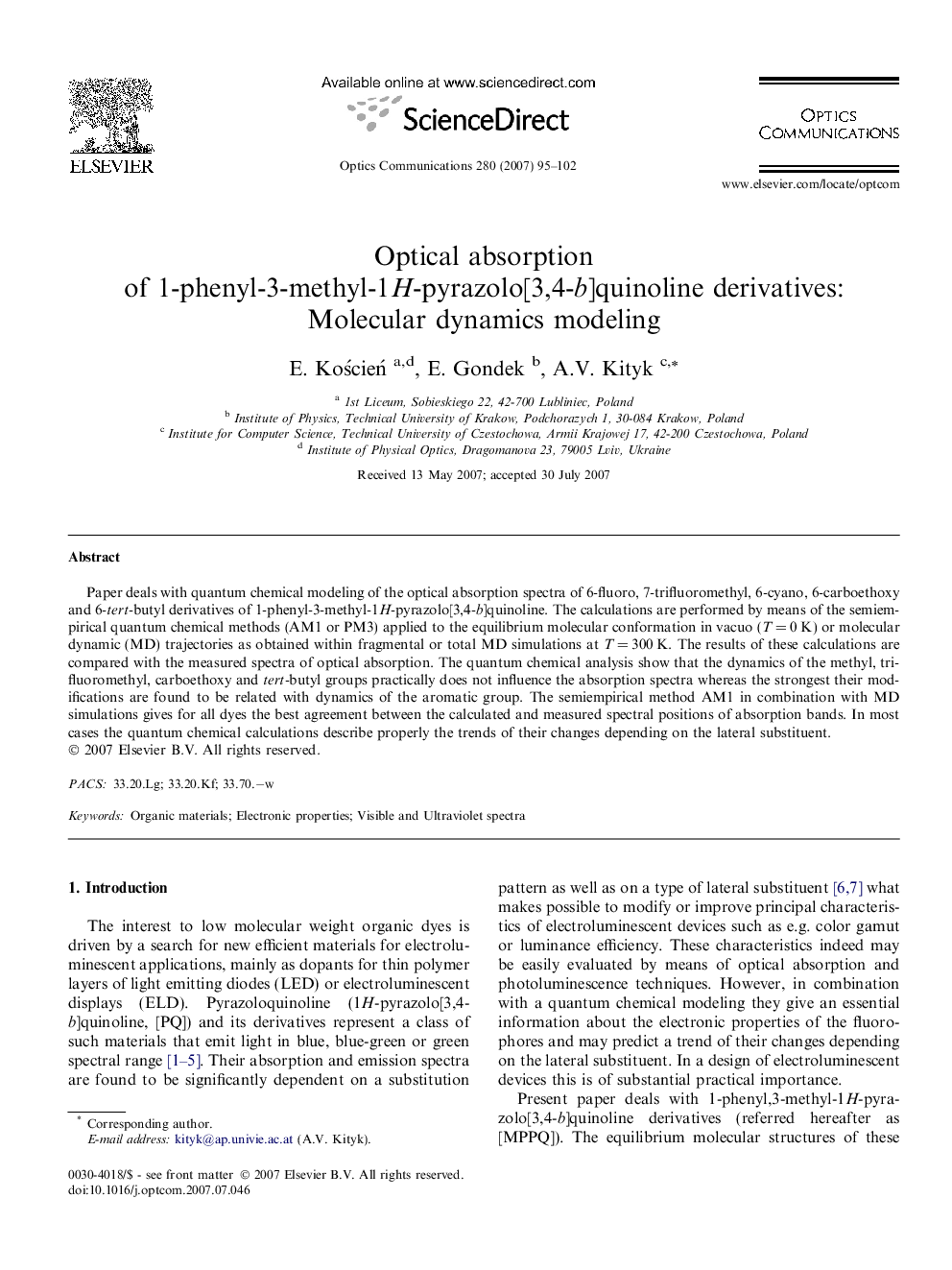 Optical absorption of 1-phenyl-3-methyl-1H-pyrazolo[3,4-b]quinoline derivatives: Molecular dynamics modeling