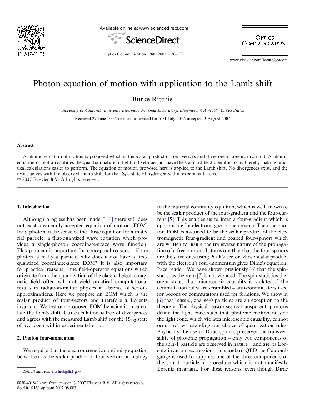 عکس صفحه اول مقاله: Photon equation of motion with application to the Lamb shift Photon equation of motion with application to the Lamb shift