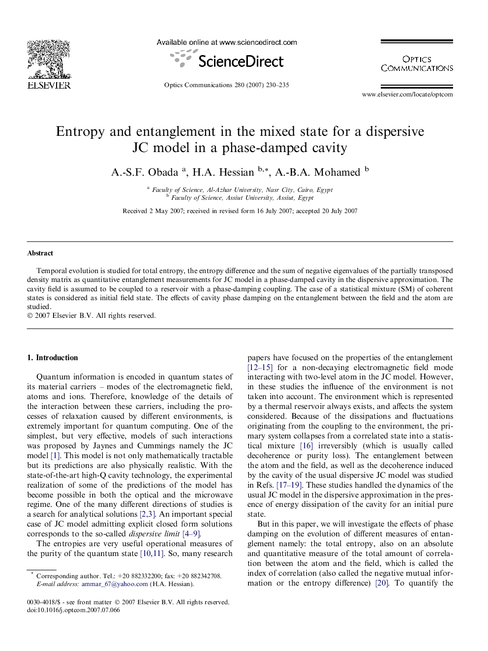 عکس صفحه اول مقاله: Entropy and entanglement in the mixed state for a dispersive JC model in a phase-damped cavity Entropy and entanglement in the mixed state for a dispersive JC model in a phase-damped cavity