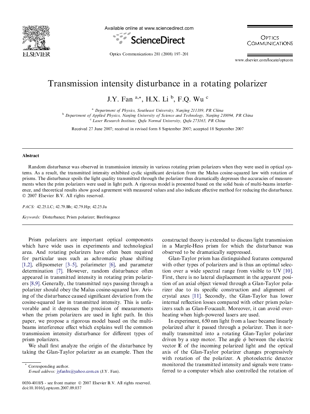 Transmission intensity disturbance in a rotating polarizer