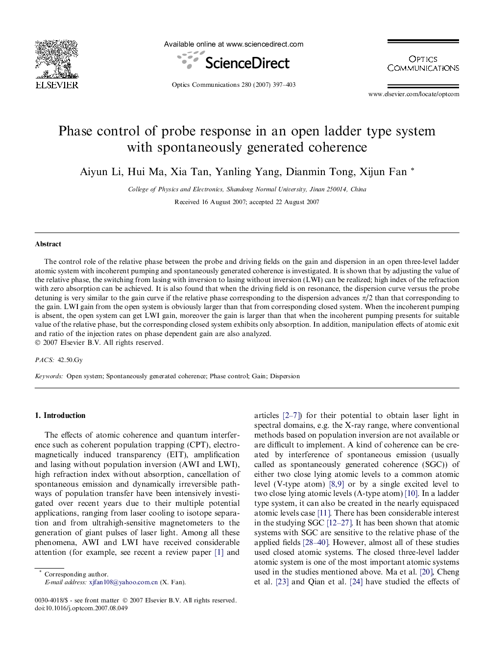 Phase control of probe response in an open ladder type system with spontaneously generated coherence