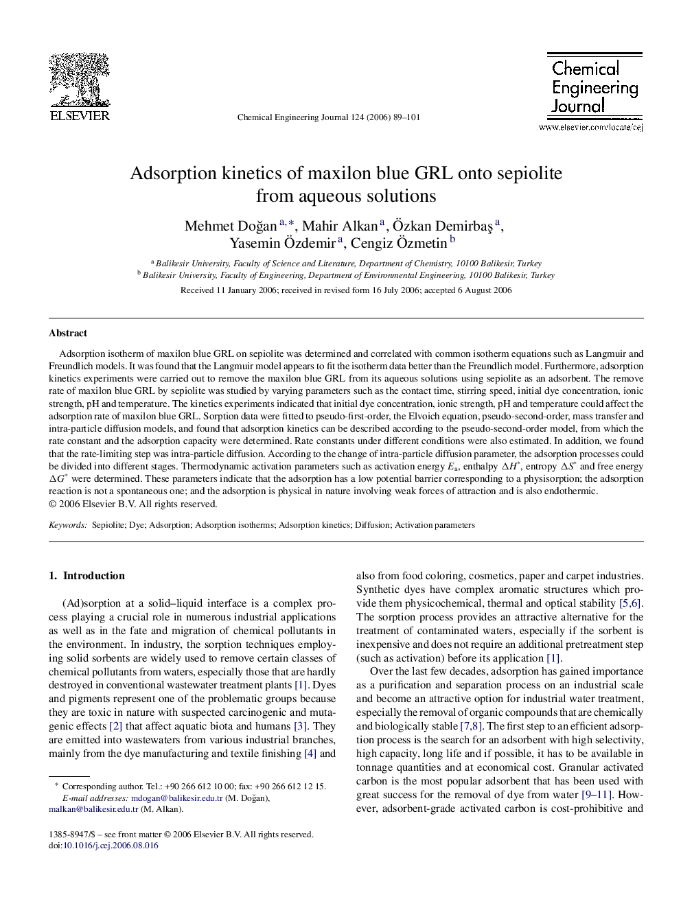 Adsorption kinetics of maxilon blue GRL onto sepiolite from aqueous solutions