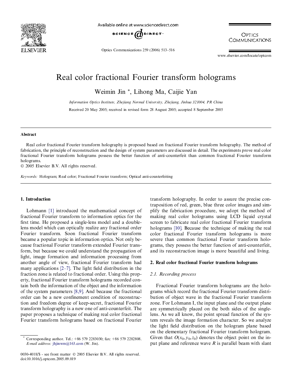 Real color fractional Fourier transform holograms