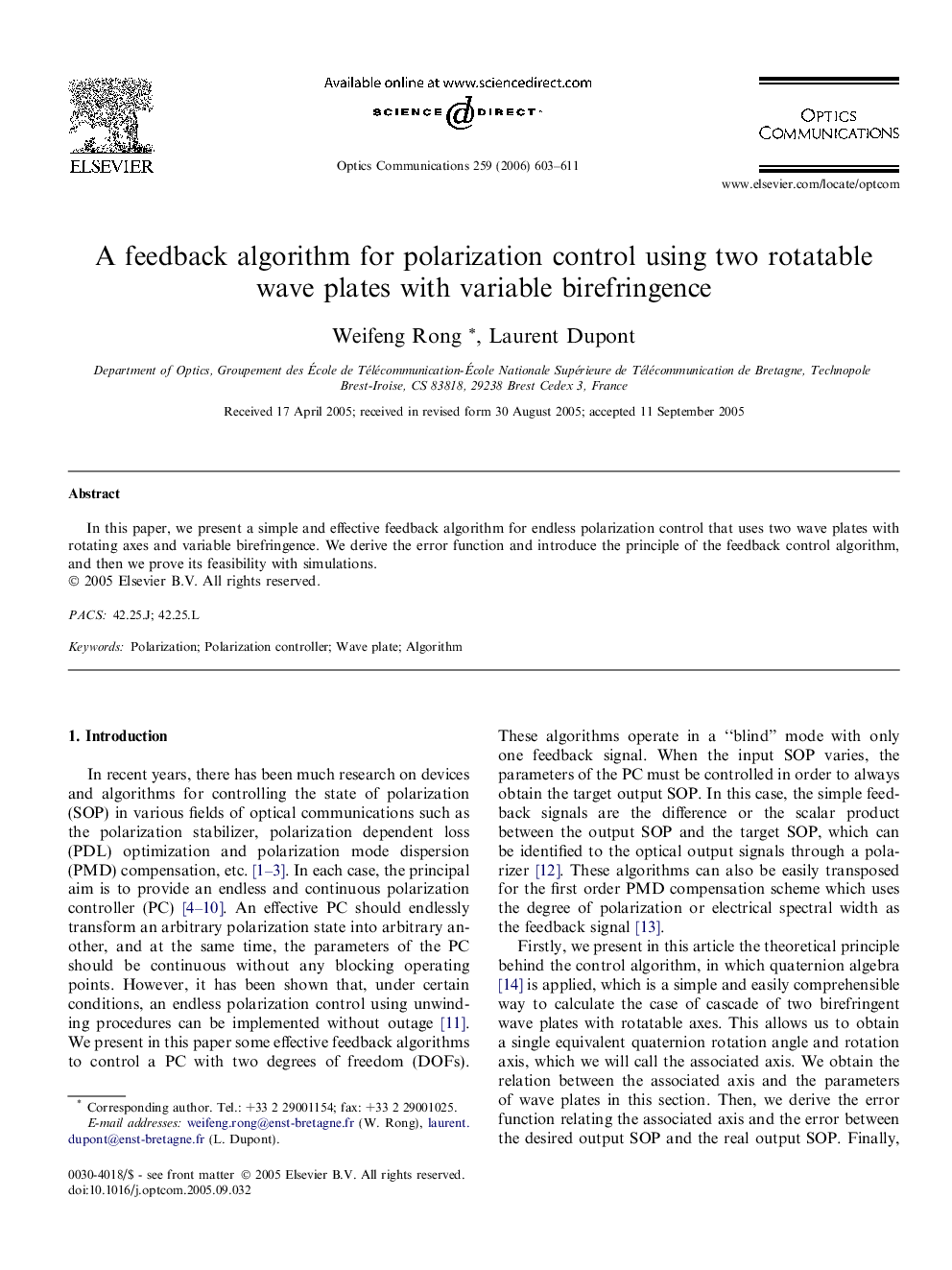 A feedback algorithm for polarization control using two rotatable wave plates with variable birefringence