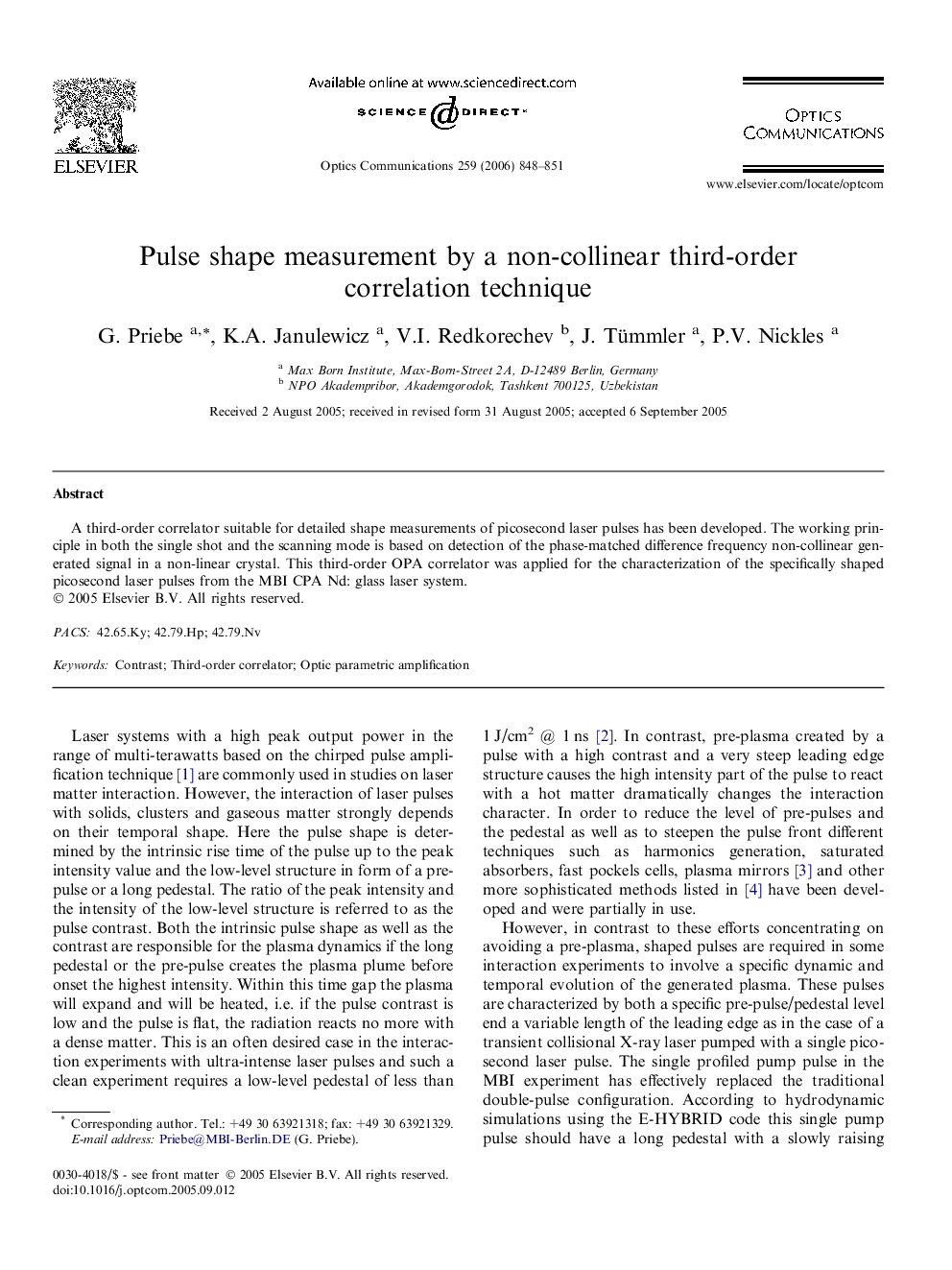 Pulse shape measurement by a non-collinear third-order correlation technique