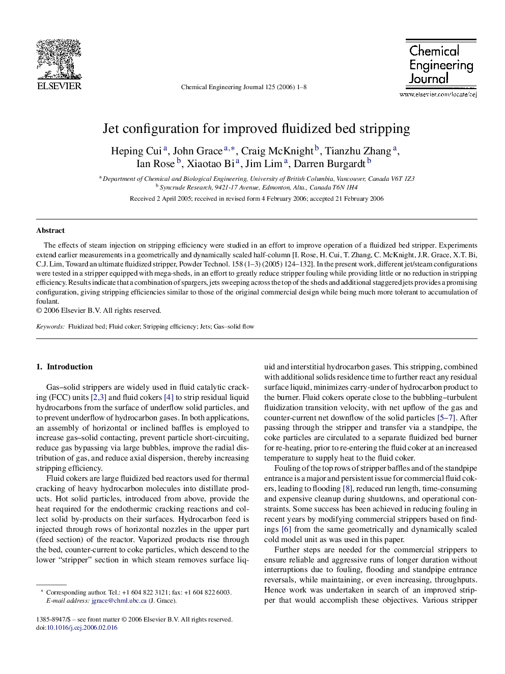 Jet configuration for improved fluidized bed stripping