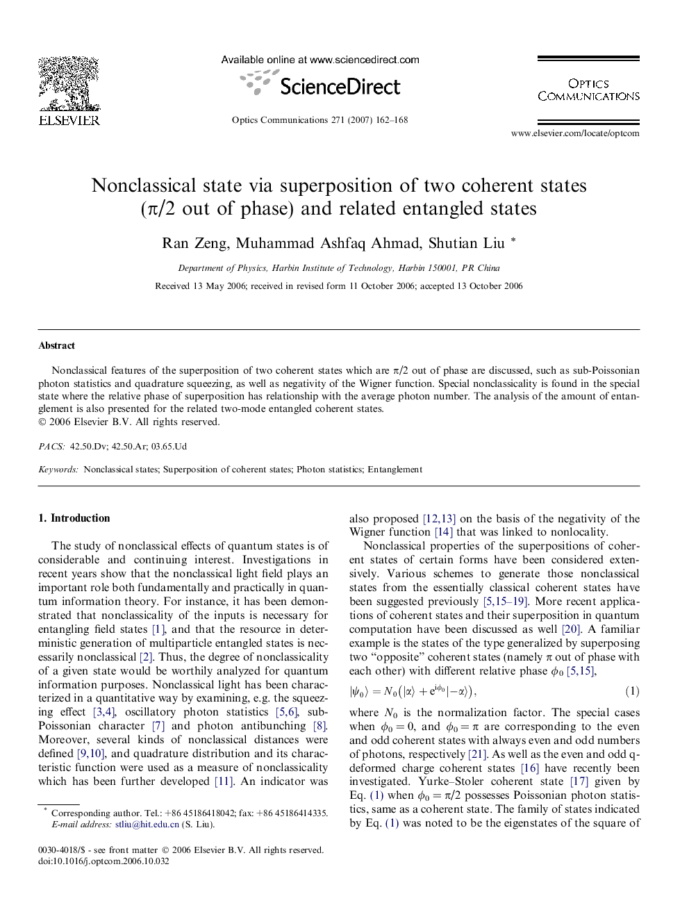 Nonclassical state via superposition of two coherent states (π/2 out of phase) and related entangled states