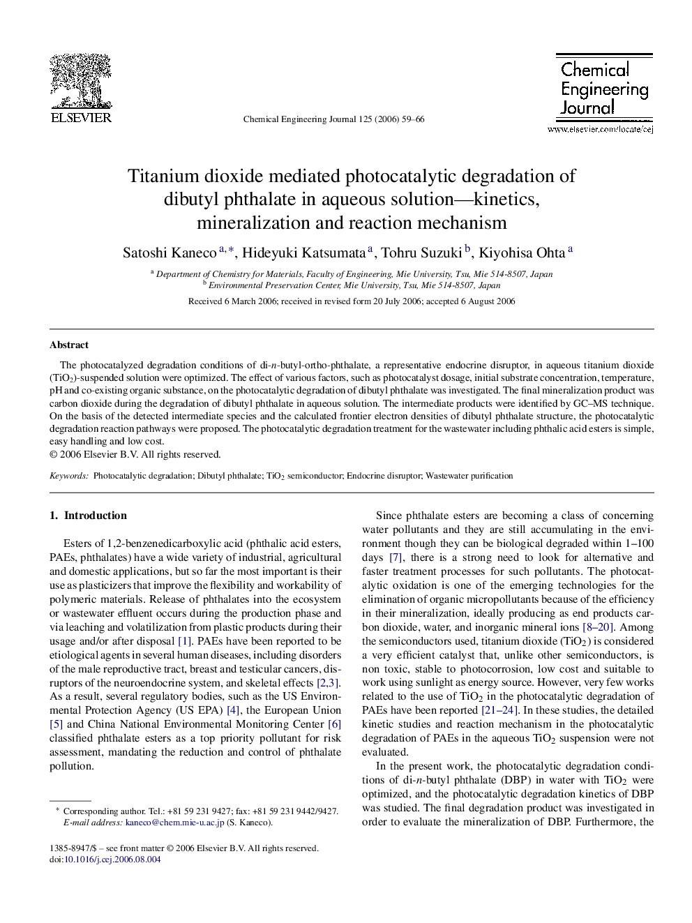 Titanium dioxide mediated photocatalytic degradation of dibutyl phthalate in aqueous solution—kinetics, mineralization and reaction mechanism