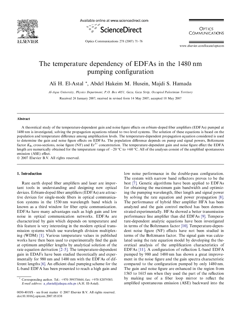 The temperature dependency of EDFAs in the 1480 nm pumping configuration
