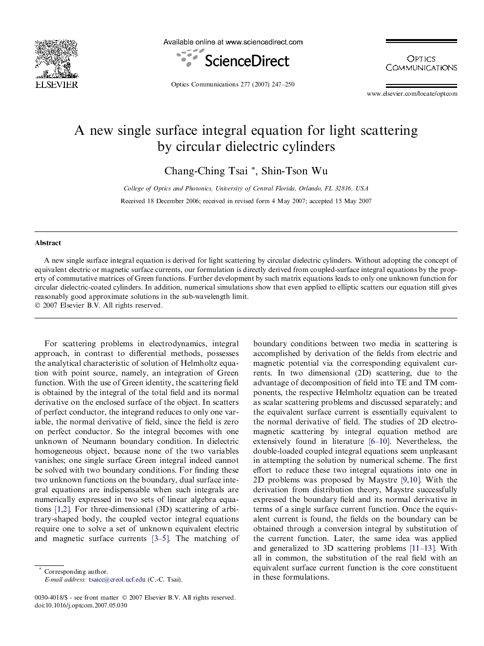 عکس صفحه اول مقاله: A new single surface integral equation for light scattering by circular dielectric cylinders A new single surface integral equation for light scattering by circular dielectric cylinders