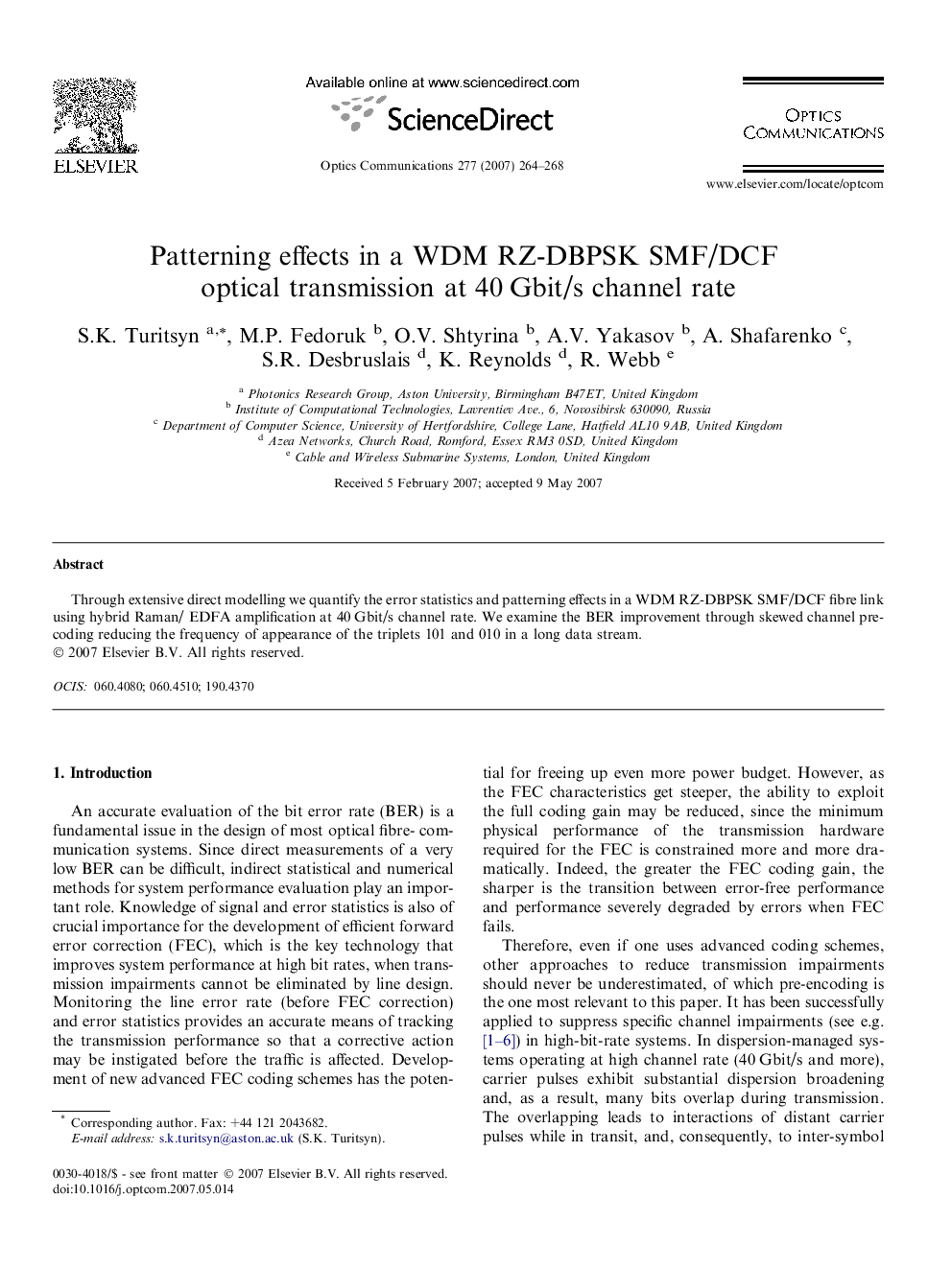 عکس صفحه اول مقاله: Patterning effects in a WDM RZ-DBPSK SMF/DCF optical transmission at 40 Gbit/s channel rate Patterning effects in a WDM RZ-DBPSK SMF/DCF optical transmission at 40 Gbit/s channel rate