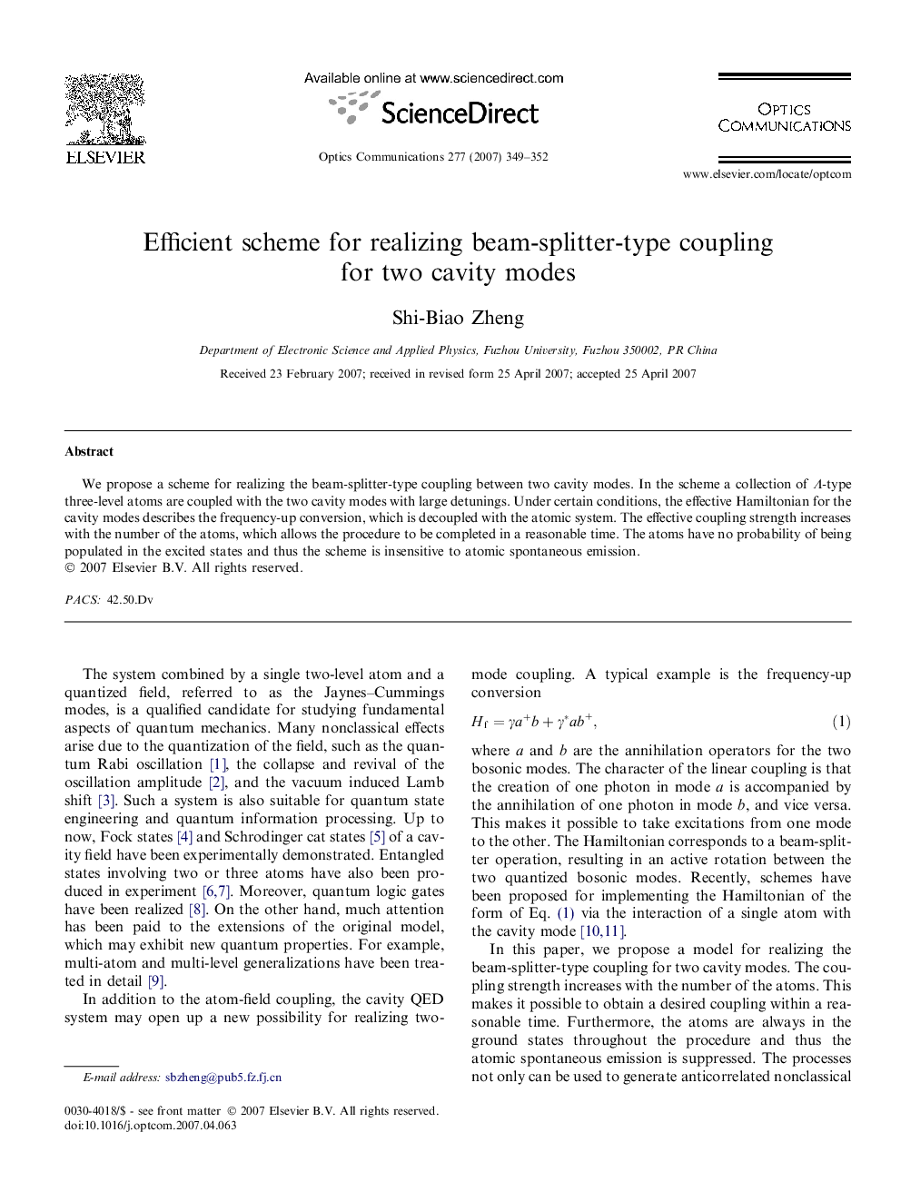 عکس صفحه اول مقاله: Efficient scheme for realizing beam-splitter-type coupling for two cavity modes Efficient scheme for realizing beam-splitter-type coupling for two cavity modes