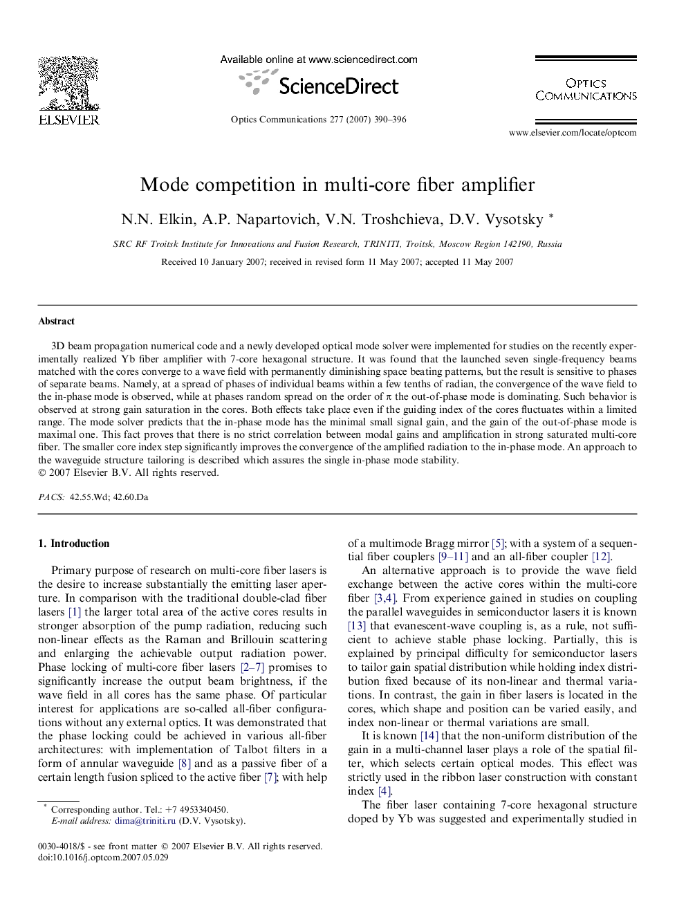 عکس صفحه اول مقاله: Mode competition in multi-core fiber amplifier Mode competition in multi-core fiber amplifier