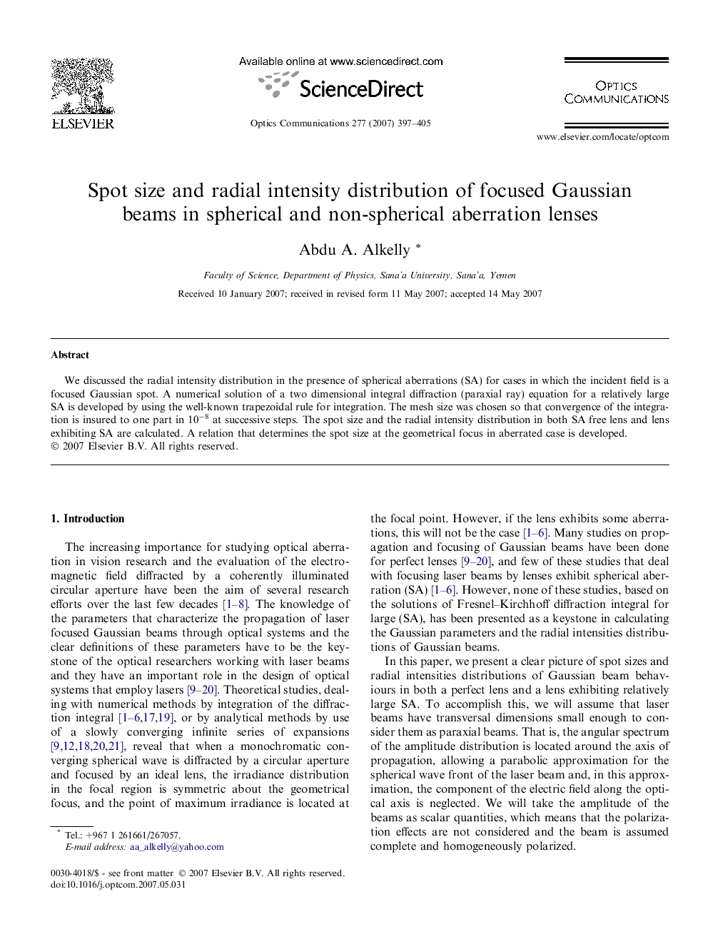 عکس صفحه اول مقاله: Spot size and radial intensity distribution of focused Gaussian beams in spherical and non-spherical aberration lenses Spot size and radial intensity distribution of focused Gaussian beams in spherical and non-spherical aberration lenses