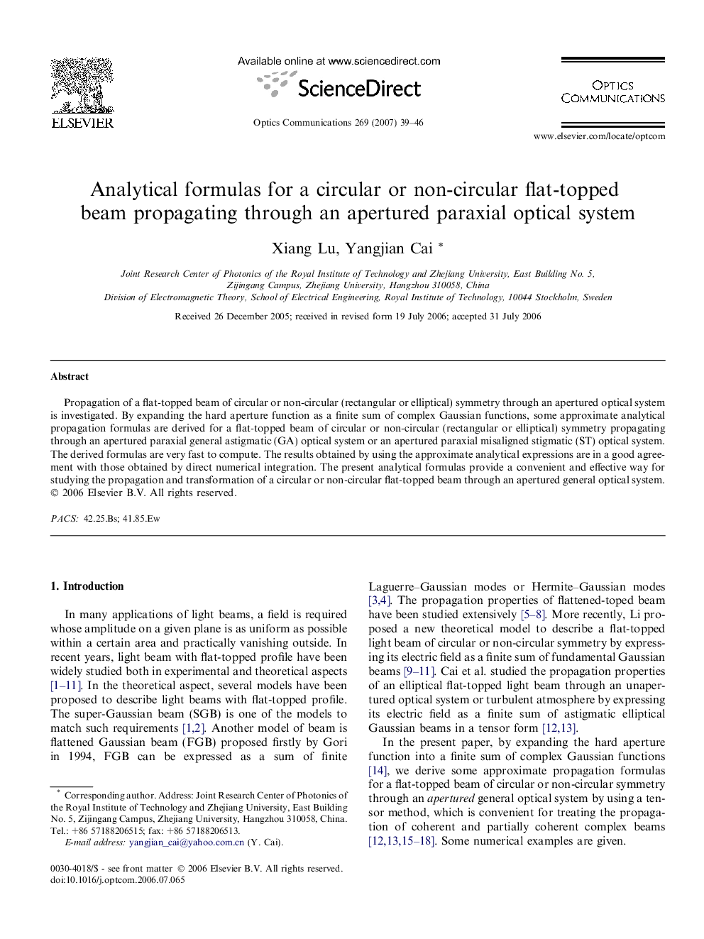 عکس صفحه اول مقاله: Analytical formulas for a circular or non-circular flat-topped beam propagating through an apertured paraxial optical system Analytical formulas for a circular or non-circular flat-topped beam propagating through an apertured paraxial optical system