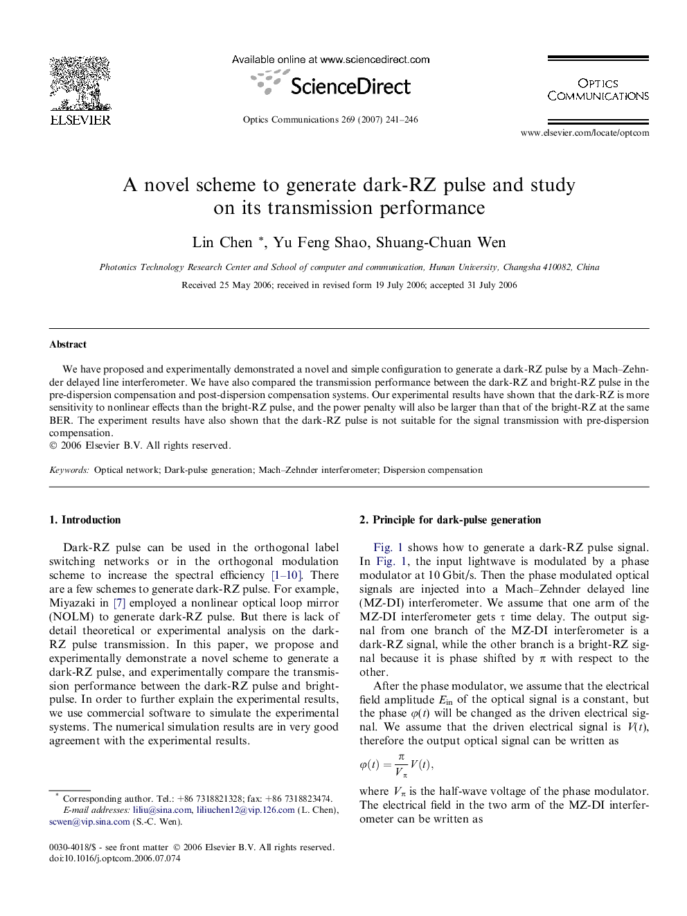 A novel scheme to generate dark-RZ pulse and study on its transmission performance