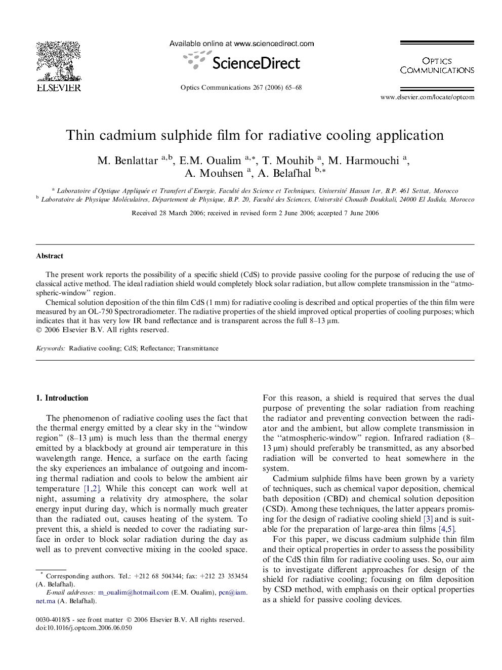 Thin cadmium sulphide film for radiative cooling application