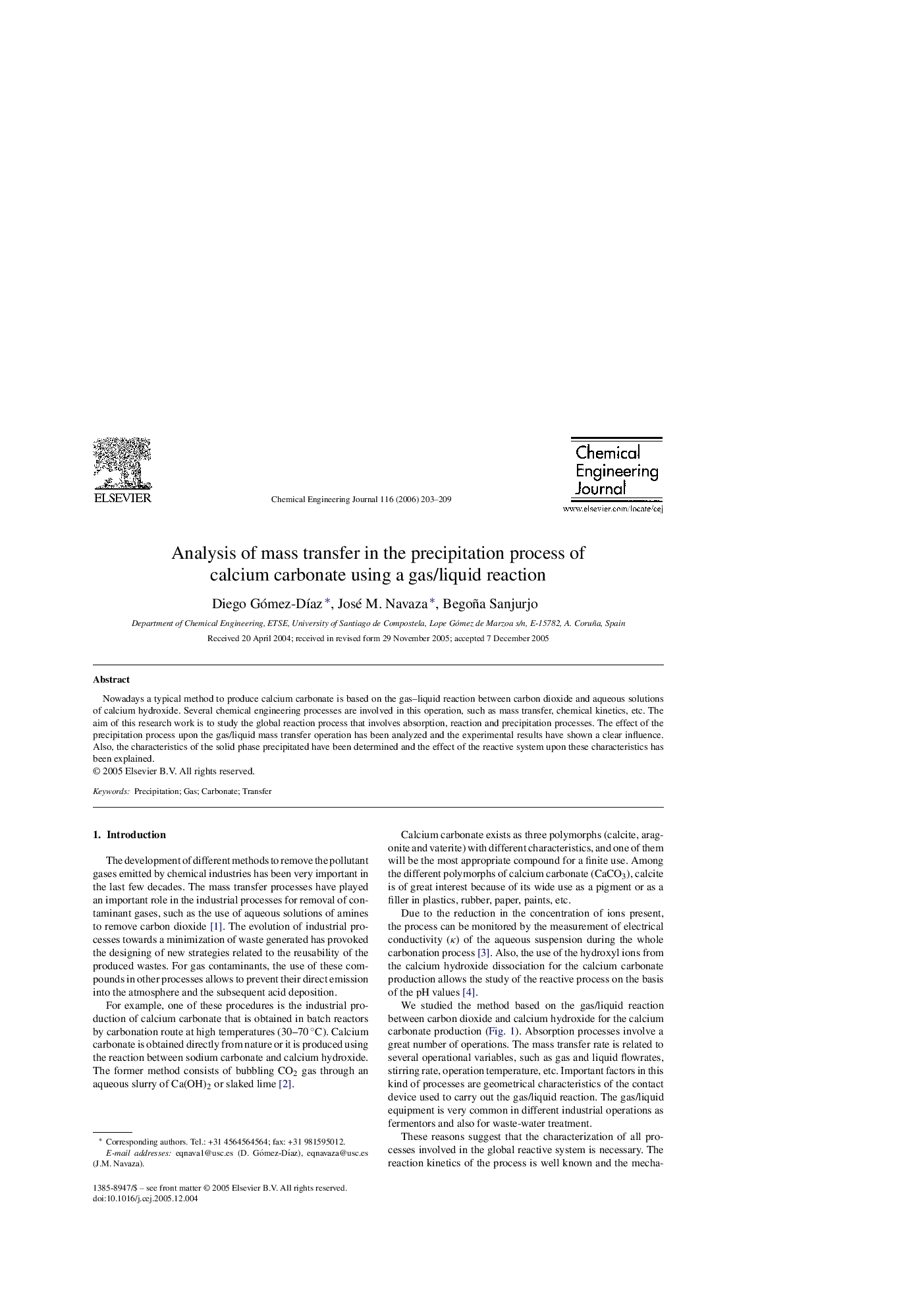 عکس صفحه اول مقاله: Analysis of mass transfer in the precipitation process of calcium carbonate using a gas/liquid reaction Analysis of mass transfer in the precipitation process of calcium carbonate using a gas/liquid reaction
