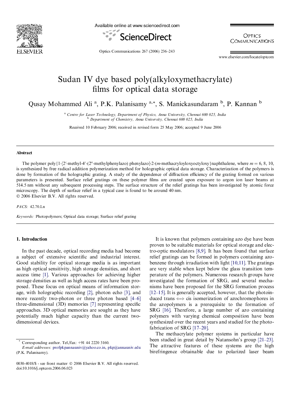 Sudan IV dye based poly(alkyloxymethacrylate) films for optical data storage