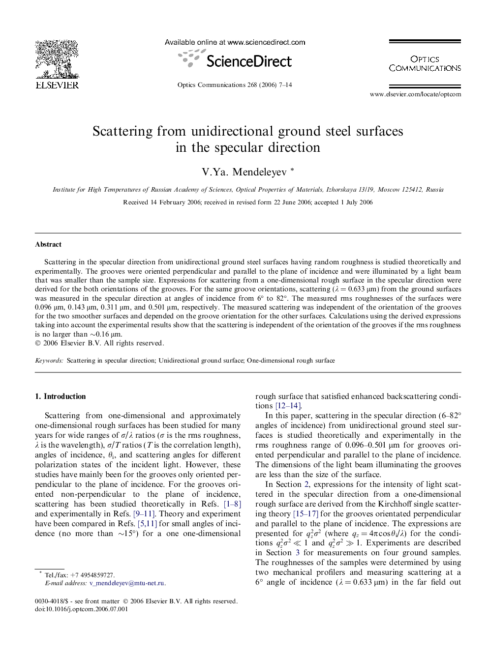 عکس صفحه اول مقاله: Scattering from unidirectional ground steel surfaces in the specular direction Scattering from unidirectional ground steel surfaces in the specular direction