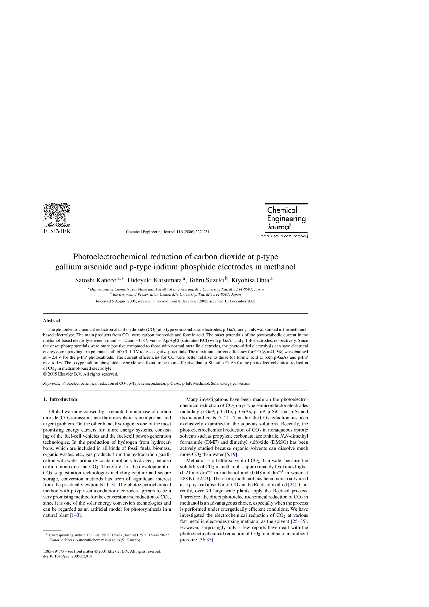 عکس صفحه اول مقاله: Photoelectrochemical reduction of carbon dioxide at p-type gallium arsenide and p-type indium phosphide electrodes in methanol Photoelectrochemical reduction of carbon dioxide at p-type gallium arsenide and p-type indium phosphide electrodes in methanol