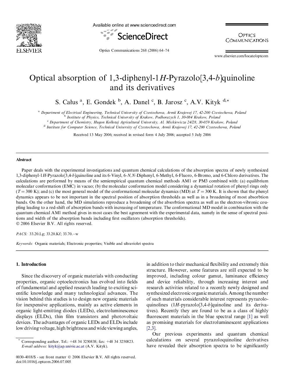 Optical absorption of 1,3-diphenyl-1H-Pyrazolo[3,4-b]quinoline and its derivatives