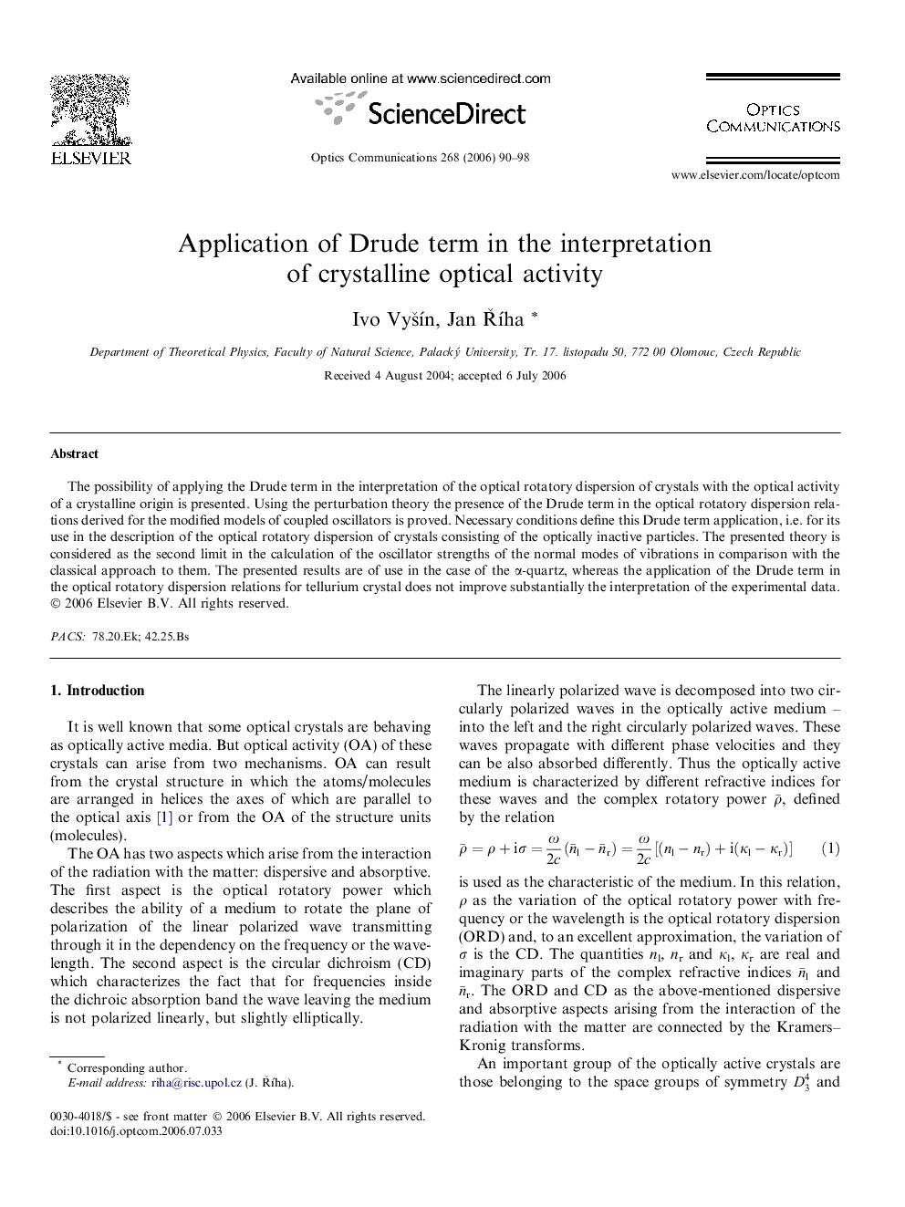 عکس صفحه اول مقاله: Application of Drude term in the interpretation of crystalline optical activity Application of Drude term in the interpretation of crystalline optical activity